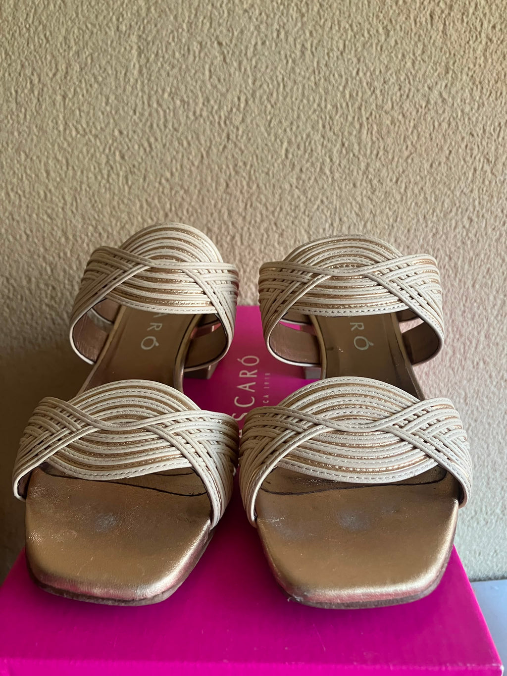 Sandalias MASCARÓ Cannes T36 Doradas Oro Piel Trenzada Tacón Bloque con Caja ORIGINALES
