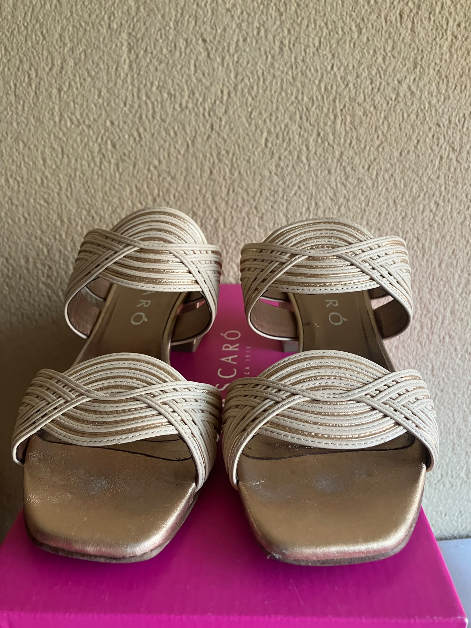 Sandalias MASCARÓ Cannes T36 Doradas Oro Piel Trenzada Tacón Bloque con Caja ORIGINALES