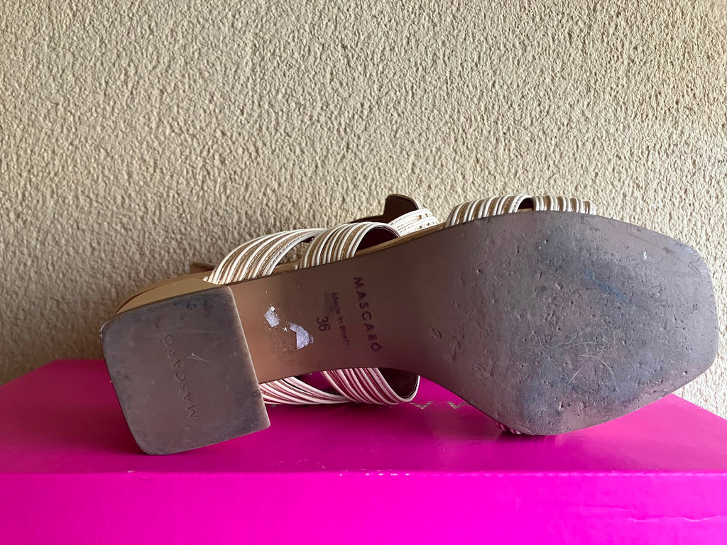 Sandalias MASCARÓ Cannes T36 Doradas Oro Piel Trenzada Tacón Bloque con Caja ORIGINALES