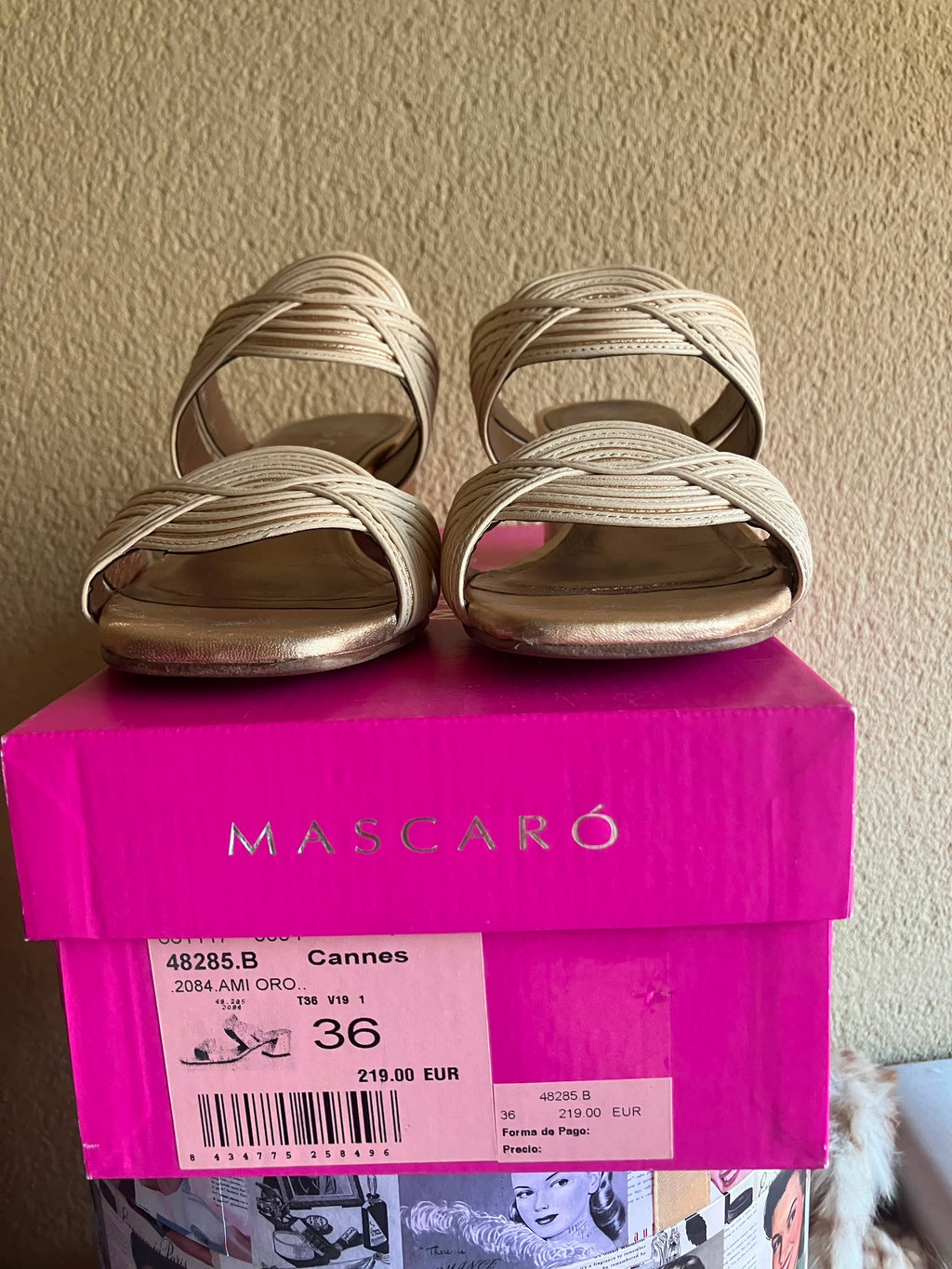 Sandalias MASCARÓ Cannes T36 Doradas Oro Piel Trenzada Tacón Bloque con Caja ORIGINALES