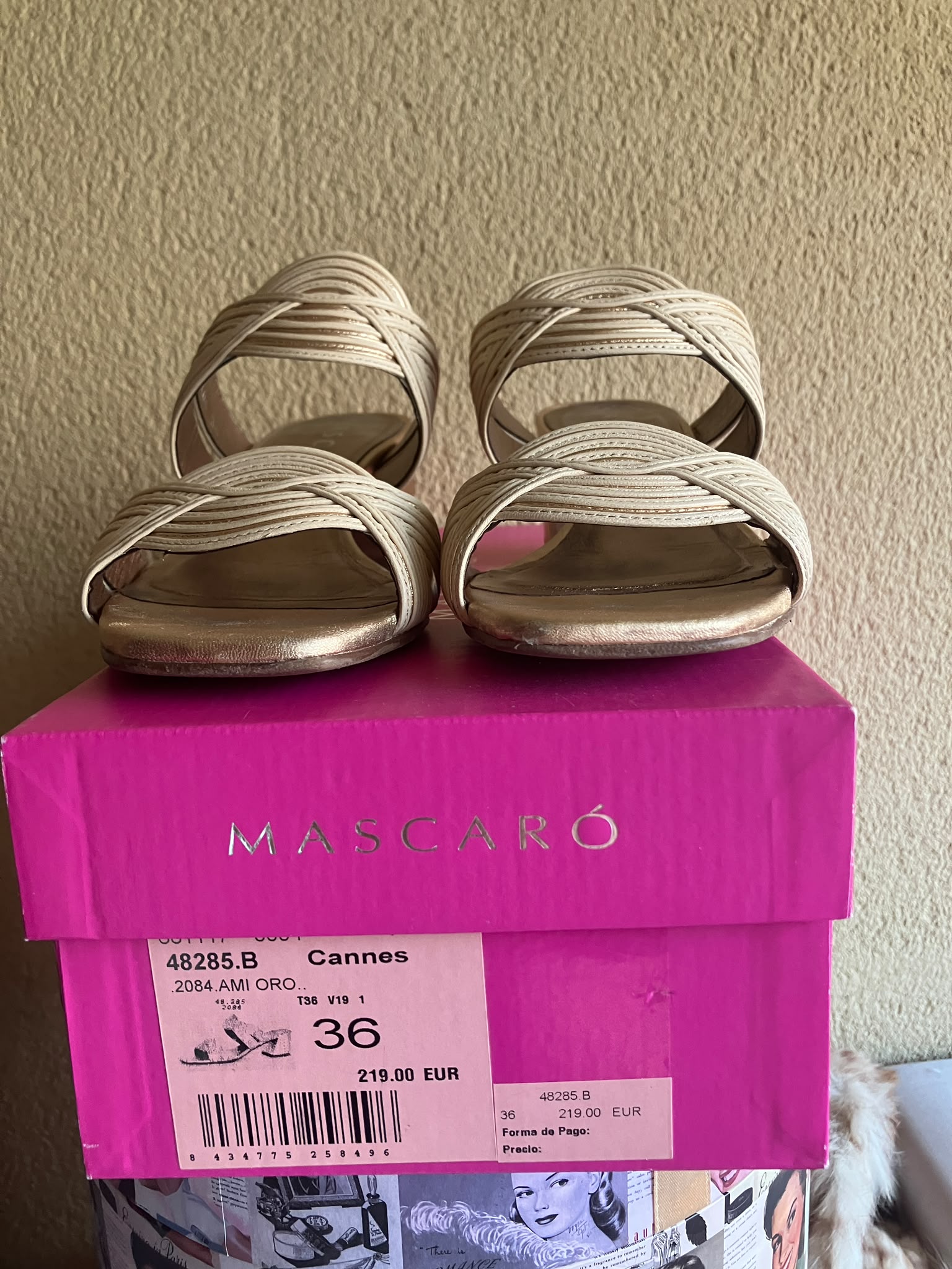 Sandalias MASCARÓ Cannes T36 Doradas Oro Piel Trenzada Tacón Bloque con Caja ORIGINALES
