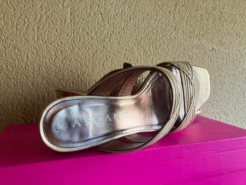 Sandalias MASCARÓ Cannes T36 Doradas Oro Piel Trenzada Tacón Bloque con Caja ORIGINALES