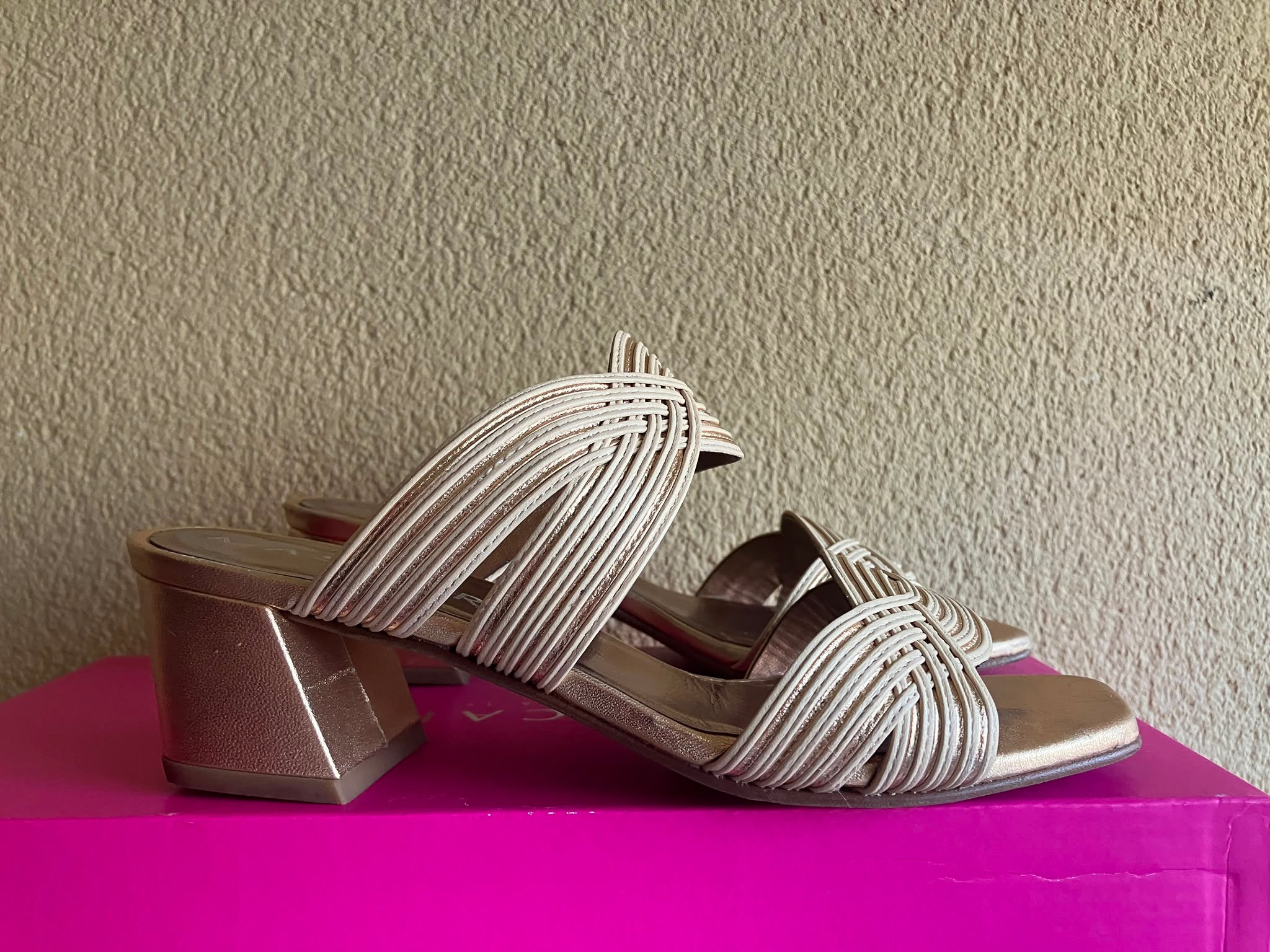 Sandalias MASCARÓ Cannes T36 Doradas Oro Piel Trenzada Tacón Bloque con Caja ORIGINALES