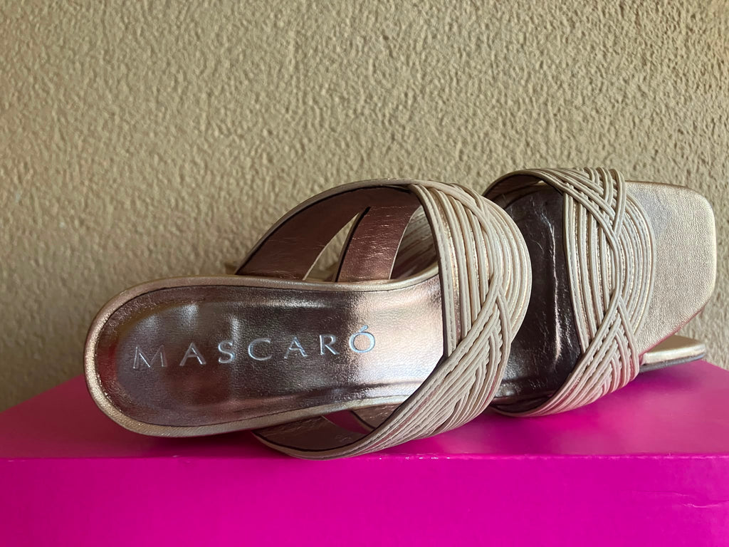 Sandalias MASCARÓ Cannes T36 Doradas Oro Piel Trenzada Tacón Bloque con Caja ORIGINALES