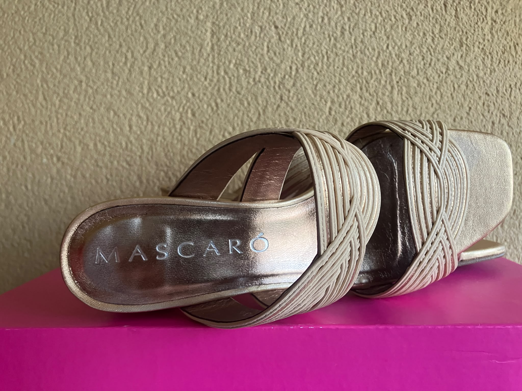 Sandalias MASCARÓ Cannes T36 Doradas Oro Piel Trenzada Tacón Bloque con Caja ORIGINALES